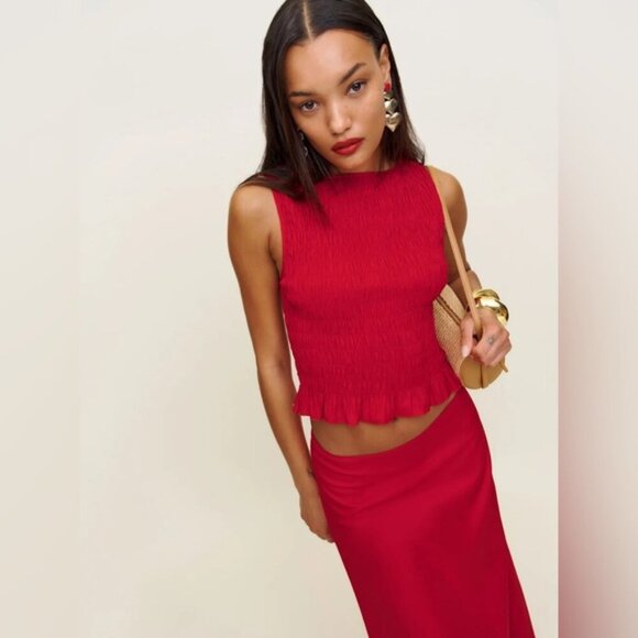 NEW Reformation Laguna Two Piece Matching Midi Skirt Set Lipstick Red US 2 UK 4 - Picture 3 of 14